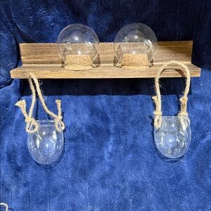 Wood Wall Shelf with Two Glass Globe Vases and 2 hanging vases